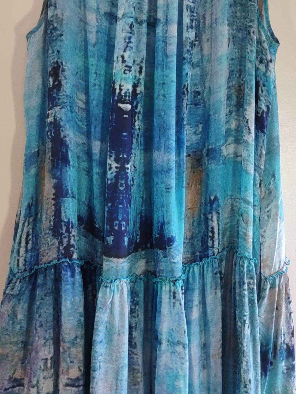 Johnny Was Mint Tiered Silk Maxi Dress Size Large Sea Blue Boho Chic Beach - Picture 14 of 15